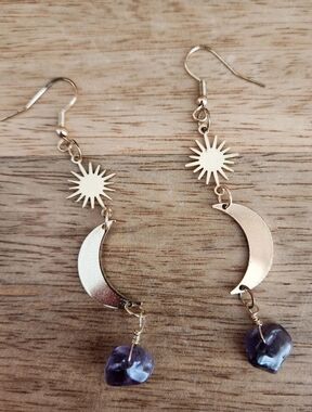 Celestial Sun & Moon Amethyst Gold Drop Earrings - Boho Whimsigoth Jewelry